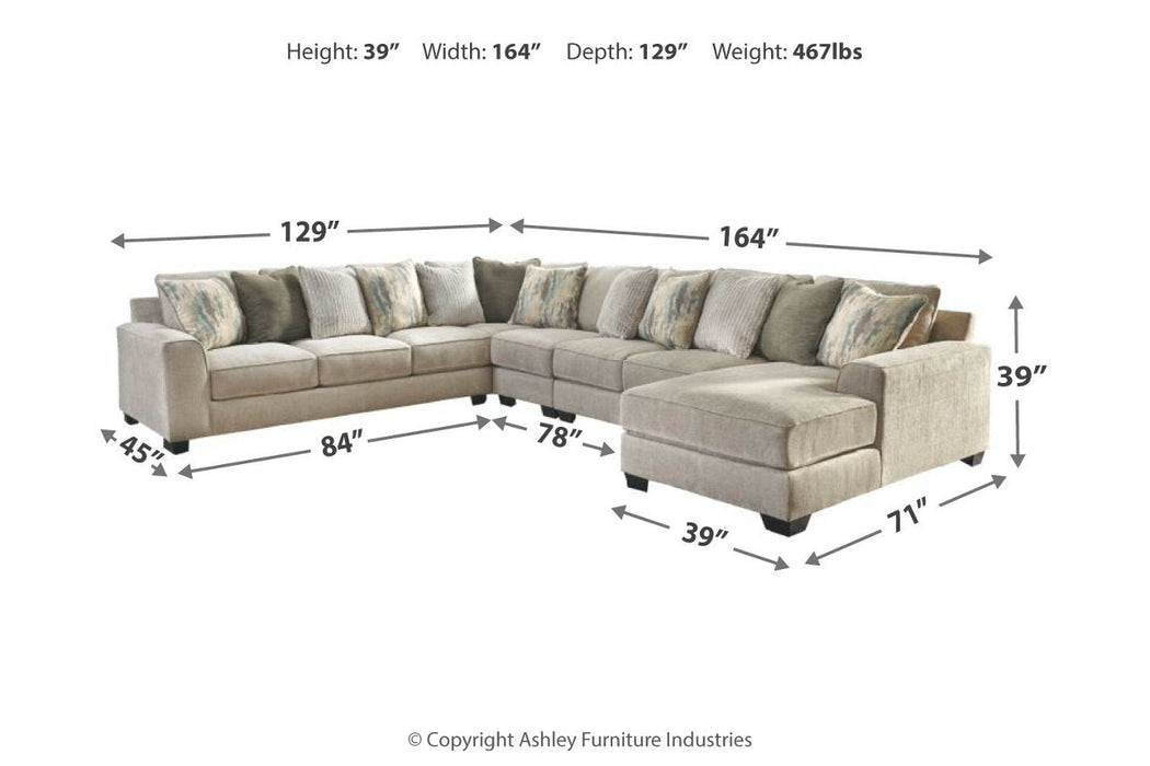 Ardsley Pewter 5-Piece Large RAF Sectional - SET | 3950417 | 3950434 | 3950466 | 3950477 | 3950446 | 3950408 - Vega Furniture