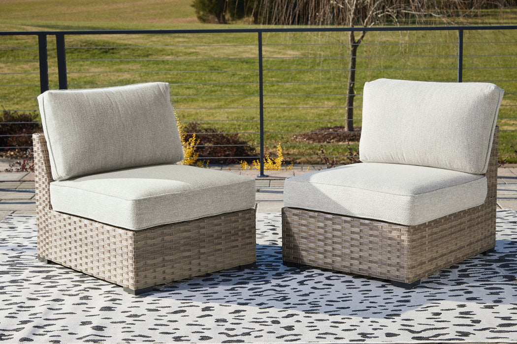 Calworth Beige Outdoor Armless Chair with Cushion, Set of 2 - P458-846 - Vega Furniture
