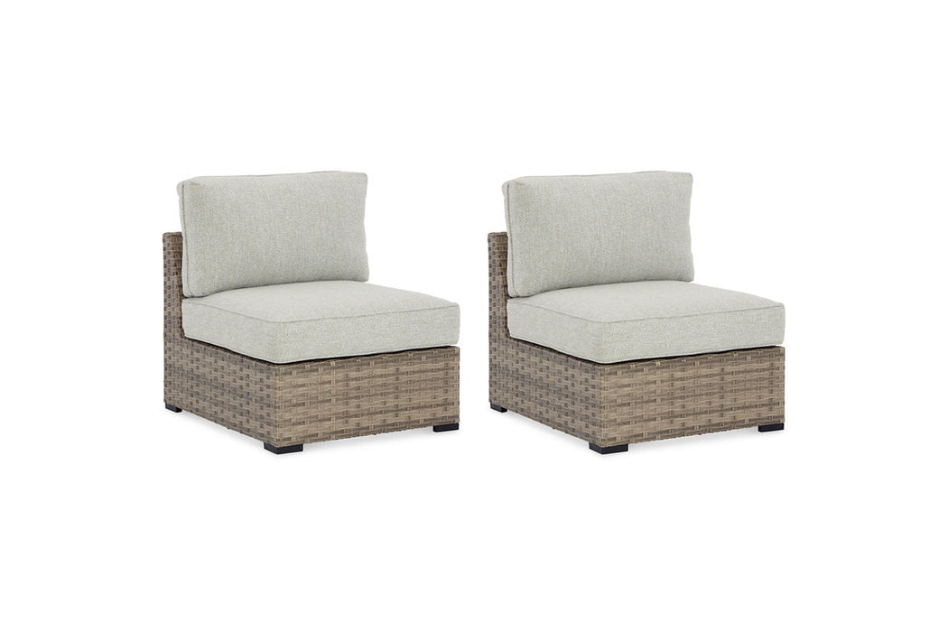Calworth Beige Outdoor Armless Chair with Cushion, Set of 2 - P458-846 - Vega Furniture