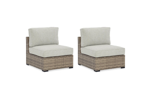 Calworth Beige Outdoor Armless Chair with Cushion, Set of 2 - P458-846 - Vega Furniture