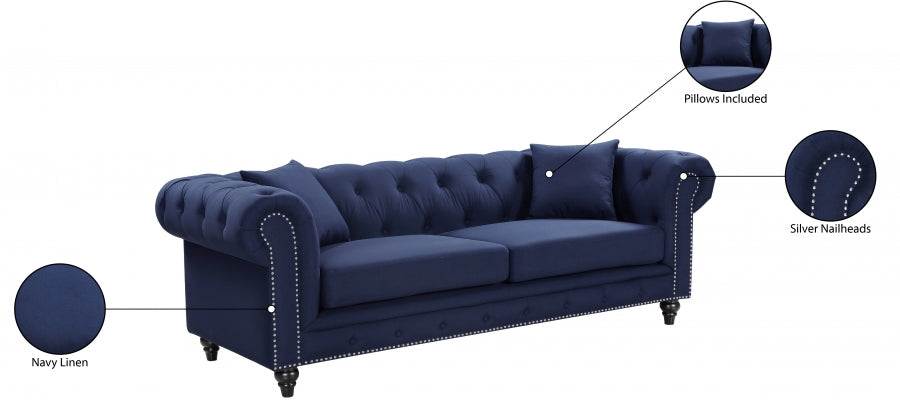 Chesterfield Blue Linen Textured Sofa - 662Navy-S - Vega Furniture