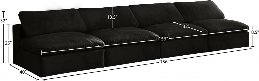 Cozy Black Velvet Modular Fiber Filled Cloud-Like Comfort Overstuffed 156" Armless Sofa - 634Black-S156 - Vega Furniture