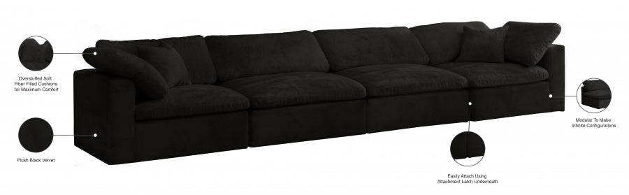 Cozy Black Velvet Modular Fiber Filled Cloud-Like Comfort Overstuffed 158" Sofa - 634Black-S158 - Vega Furniture