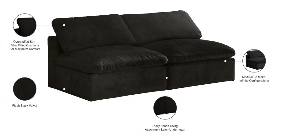 Cozy Black Velvet Modular Fiber Filled Cloud-Like Comfort Overstuffed 78" Armless Loveseat - 634Black-S78 - Vega Furniture