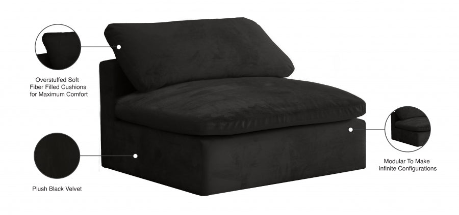 Cozy Black Velvet Modular Fiber Filled Cloud-Like Comfort Overstuffed Armless Chair - 634Black-Armless - Vega Furniture