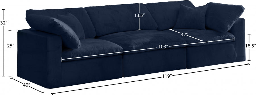 Cozy Blue Velvet Modular Fiber Filled Cloud-Like Comfort Overstuffed 119" Sofa - 634Navy-S119 - Vega Furniture