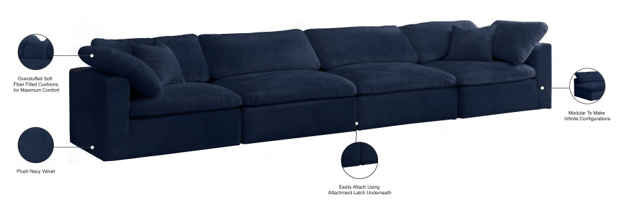 Cozy Blue Velvet Modular Fiber Filled Cloud-Like Comfort Overstuffed 158" Sofa - 634Navy-S158 - Vega Furniture