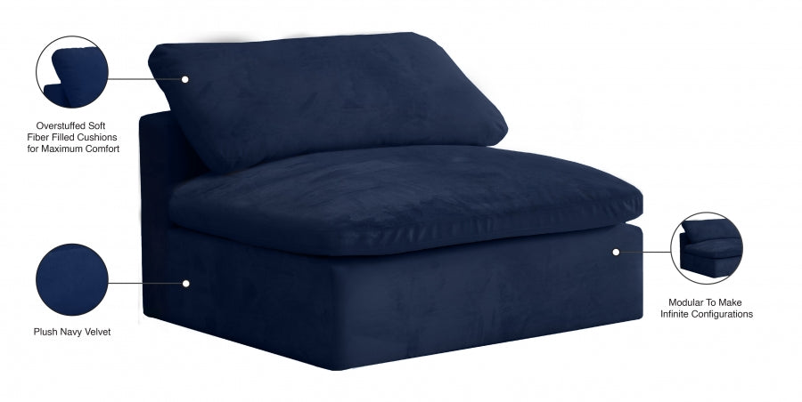 Cozy Blue Velvet Modular Fiber Filled Cloud-Like Comfort Overstuffed Armless Chair - 634Navy-Armless - Vega Furniture