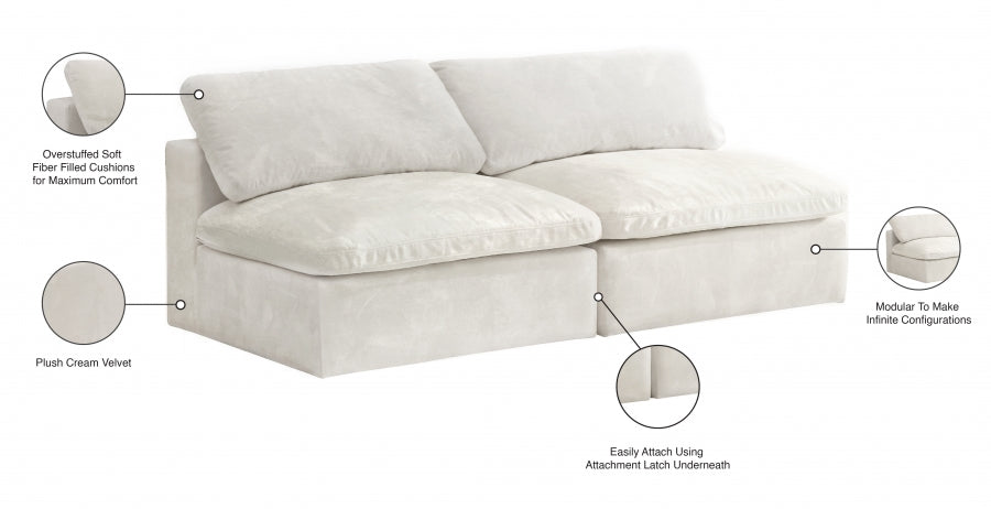 Cozy Cream Velvet Modular Fiber Filled Cloud-Like Comfort Overstuffed 78" Armless Loveseat - 634Cream-S78 - Vega Furniture