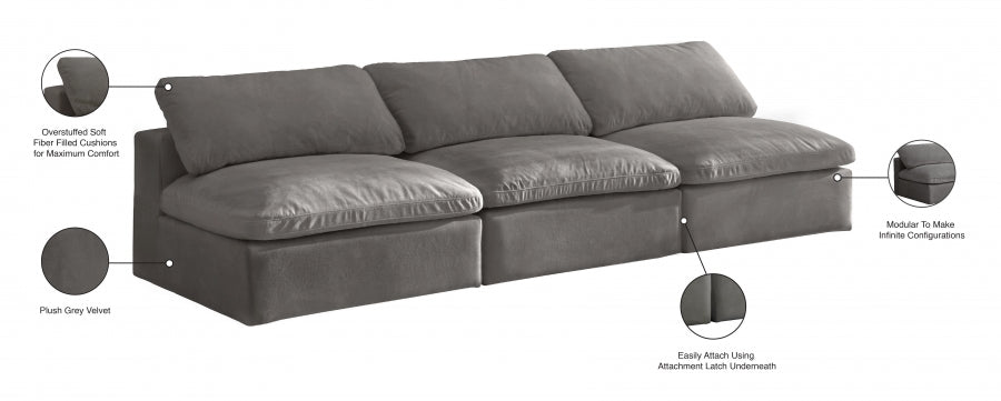 Cozy Grey Velvet Modular Fiber Filled Cloud-Like Comfort Overstuffed 117" Armless Sofa - 634Grey-S117 - Vega Furniture