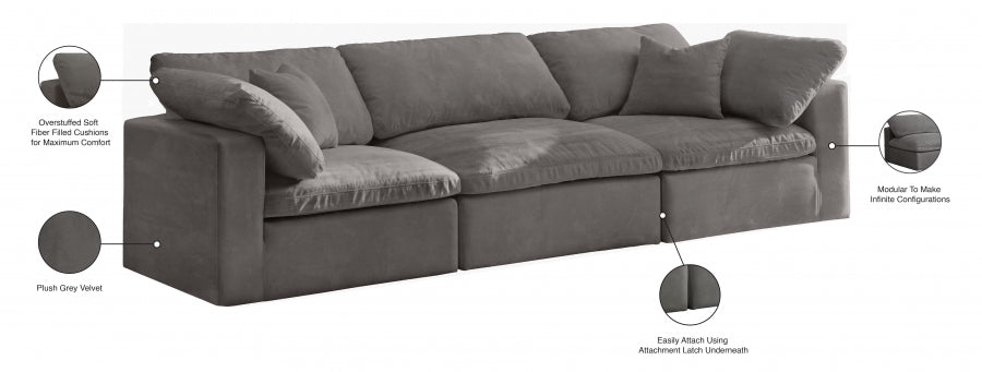 Cozy Grey Velvet Modular Fiber Filled Cloud-Like Comfort Overstuffed 119" Sofa - 634Grey-S119 - Vega Furniture