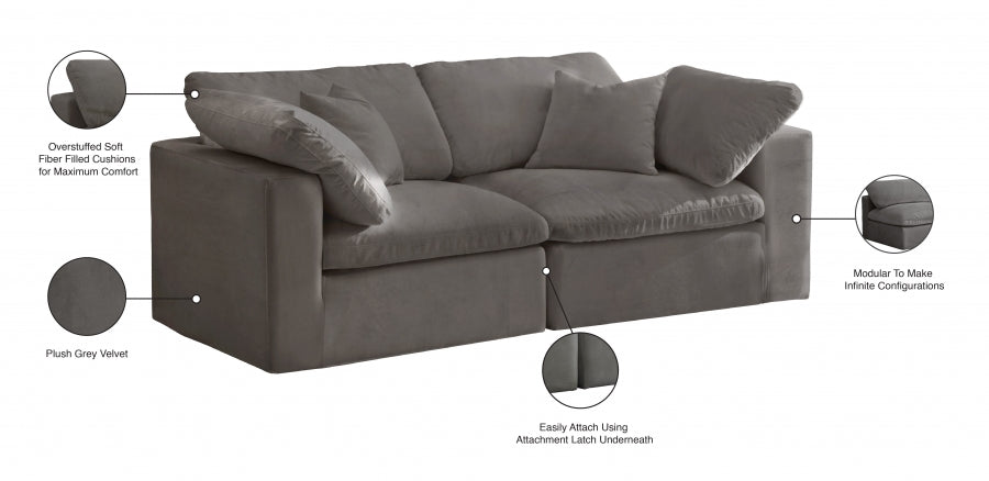 Cozy Grey Velvet Modular Fiber Filled Cloud-Like Comfort Overstuffed 80" Loveseat - 634Grey-S80 - Vega Furniture