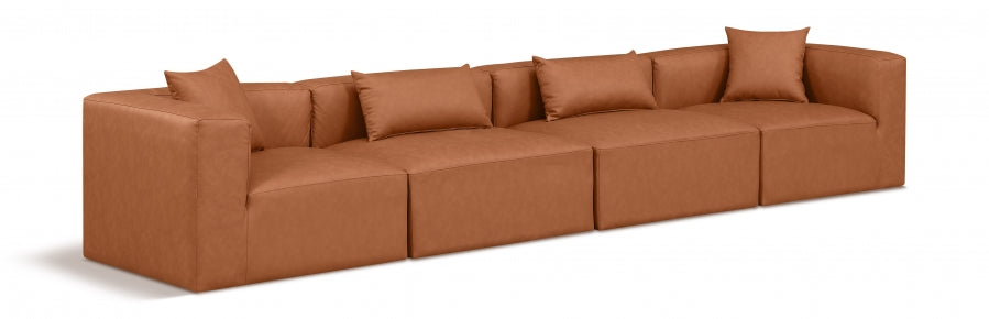 Cube Faux Leather Sofa Cognac - 668Cognac-S144B - Vega Furniture