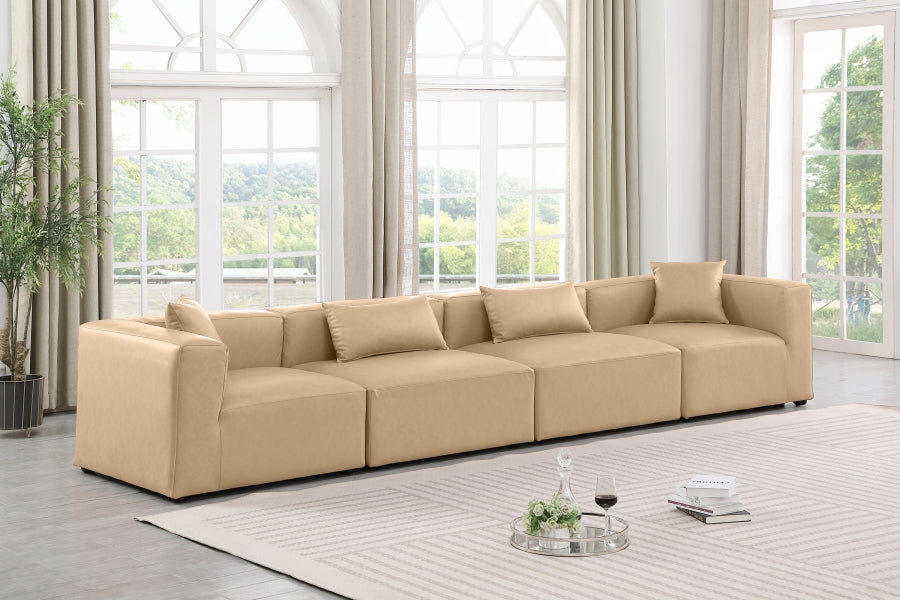 Cube Faux Leather Sofa Natural - 668Tan-S144B - Vega Furniture