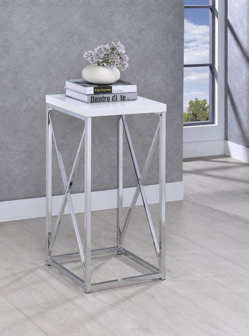 Edmund Glossy White/Chrome Accent Table with X-cross - 930014 - Vega Furniture