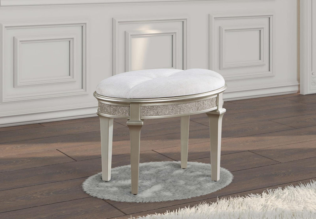 Evangeline Oval Vanity Stool with Faux Diamond Trim Silver and Ivory - 223399 - Vega Furniture