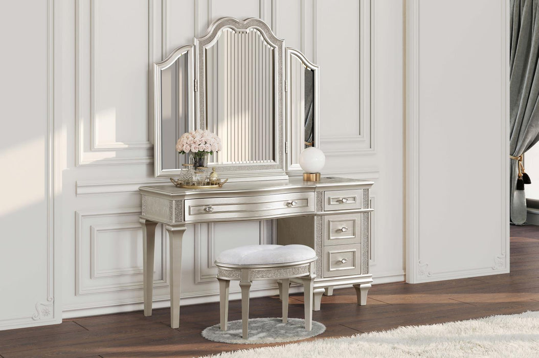 Evangeline Oval Vanity Stool with Faux Diamond Trim Silver and Ivory - 223399 - Vega Furniture