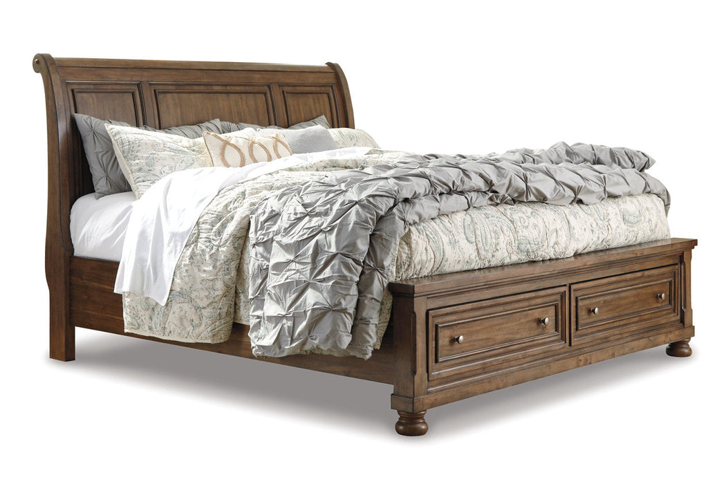 Flynnter Medium Brown Queen Sleigh Bed with 2 Storage Drawers - SET | B719-74 | B719-77 | B719-98 - Vega Furniture