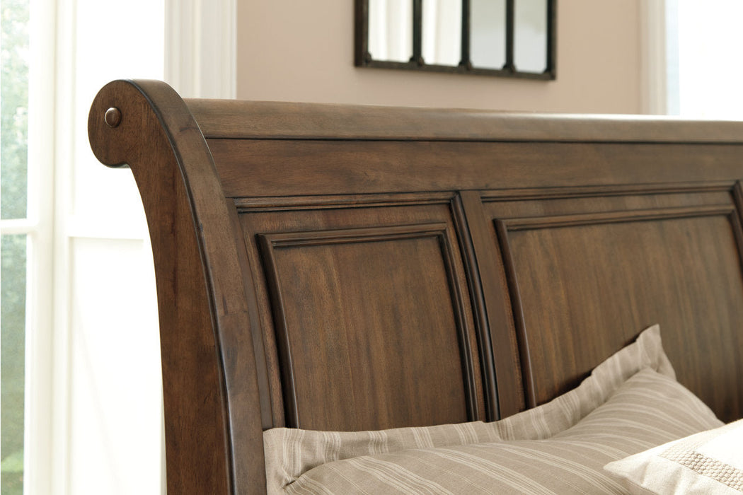 Flynnter Medium Brown Queen Sleigh Bed with 2 Storage Drawers - SET | B719-74 | B719-77 | B719-98 - Vega Furniture