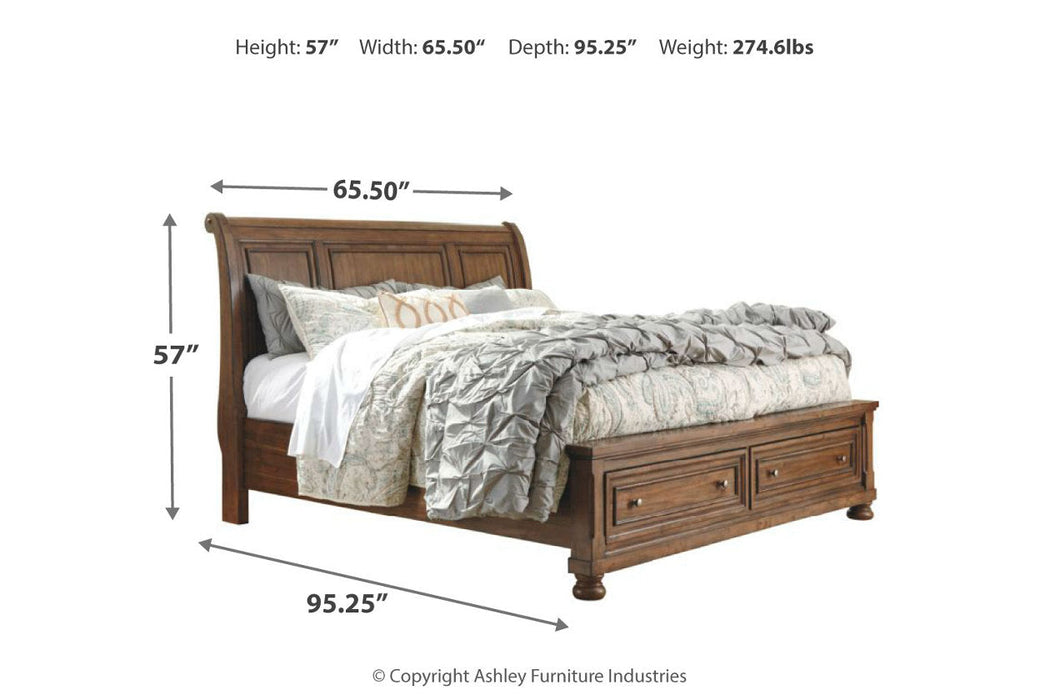 Flynnter Medium Brown Queen Sleigh Bed with 2 Storage Drawers - SET | B719-74 | B719-77 | B719-98 - Vega Furniture