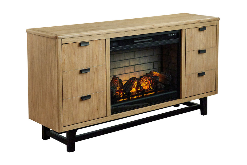 Freslowe Light Brown/Black TV Stand with Electric Fireplace - SET | W100-121 | W761-68 - Vega Furniture