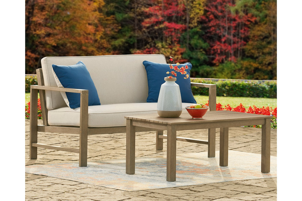 Fynnegan Light Brown Outdoor Loveseat with Table, Set of 2 - P349-035 - Vega Furniture