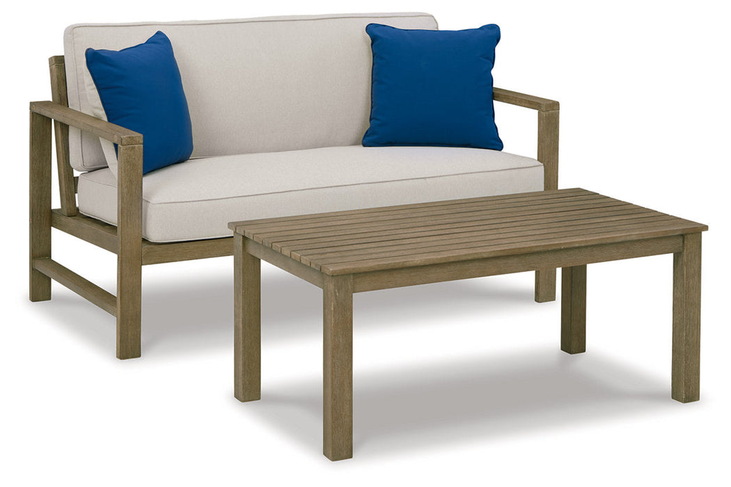 Fynnegan Light Brown Outdoor Loveseat with Table, Set of 2 - P349-035 - Vega Furniture