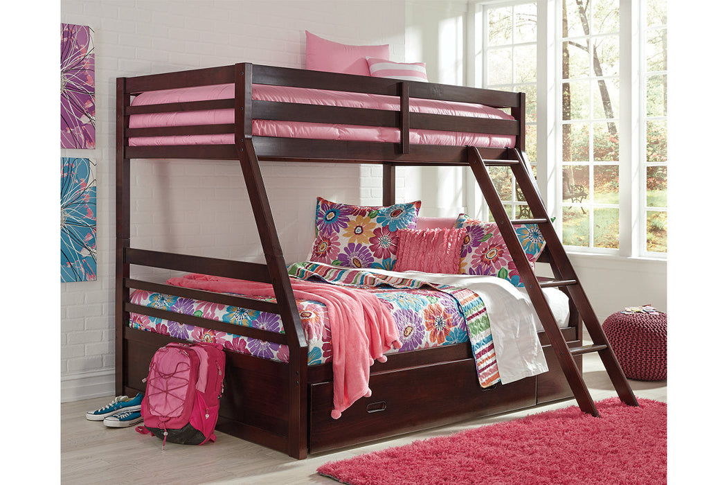 Halanton Dark Brown Twin over Full Bunk Bed with 1 Large Storage Drawer - SET | B328-50 | B328-58P | B328-58R - Vega Furniture