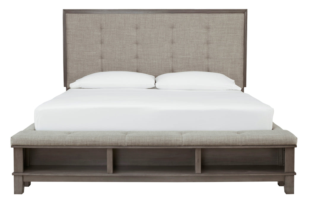 Hallanden Gray Footboard Storage Upholstered Panel Bedroom Set - SET | B649-56 | B649-58 | B649-97 | B649-92 | B649-46 - Vega Furniture