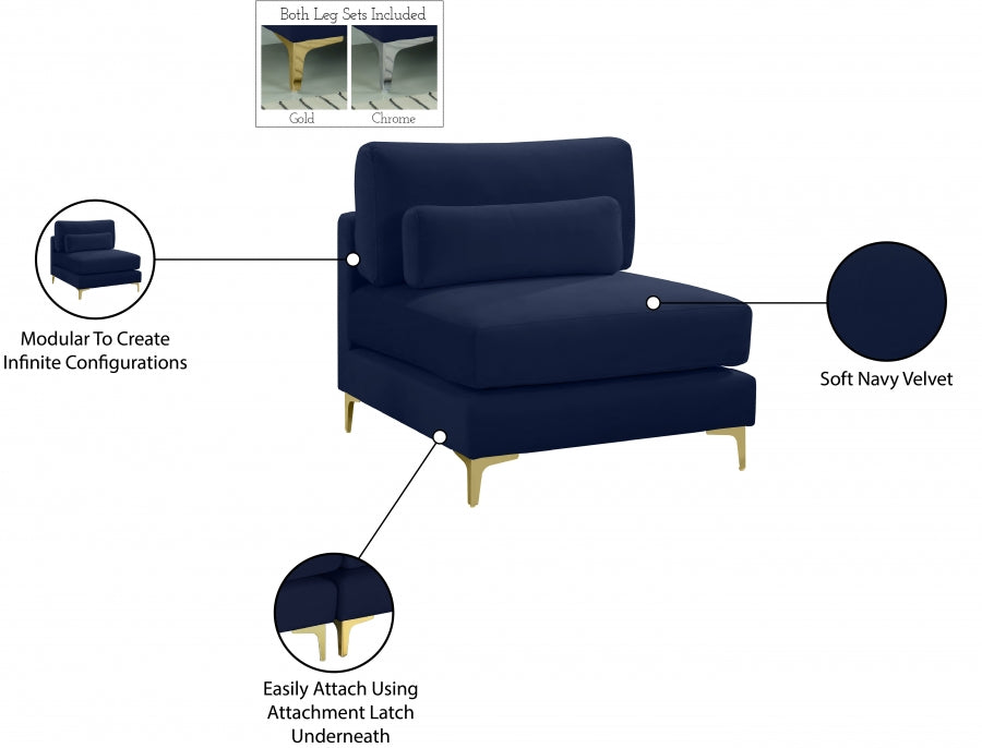 Julia Blue Velvet Modular Armless Chair - 605Navy-Armless - Vega Furniture