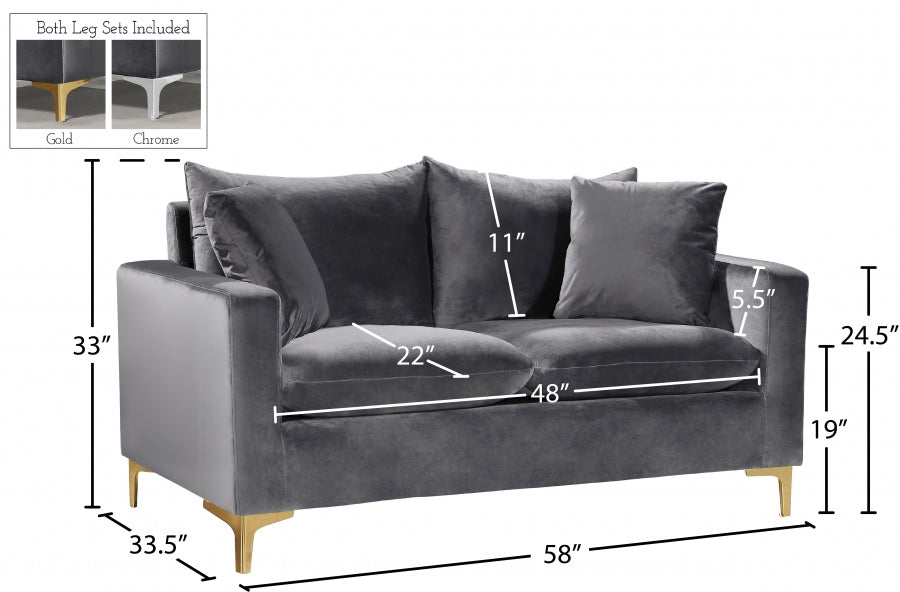 Naomi Grey Velvet Loveseat - 633Grey-L - Vega Furniture