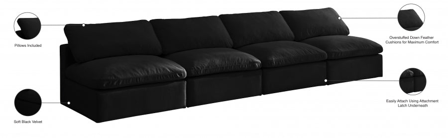 Plush Black Velvet Standard Modular Down Filled Cloud-Like Comfort Overstuffed 105" Armless Sofa - 602Black-S3 - Vega Furniture