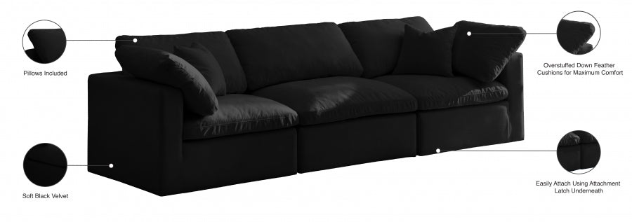 Plush Black Velvet Standard Modular Down Filled Cloud-Like Comfort Overstuffed 105" Sofa - 602Black-S105 - Vega Furniture