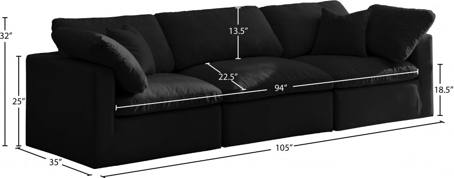 Plush Black Velvet Standard Modular Down Filled Cloud-Like Comfort Overstuffed 105" Sofa - 602Black-S105 - Vega Furniture