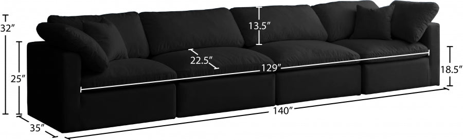 Plush Black Velvet Standard Modular Down Filled Cloud-Like Comfort Overstuffed 140" Sofa - 602Black-S140 - Vega Furniture