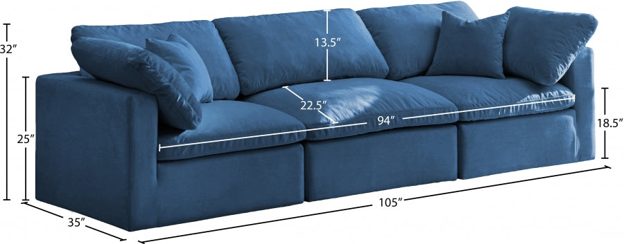 Plush Blue Velvet Standard Modular Down Filled Cloud-Like Comfort Overstuffed 105" Sofa - 602Navy-S105 - Vega Furniture