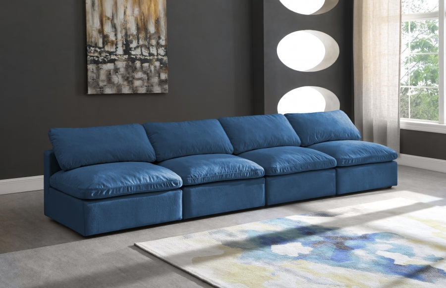 Plush Blue Velvet Standard Modular Down Filled Cloud-Like Comfort Overstuffed 140" Armless Sofa - 602Navy-S4 - Vega Furniture