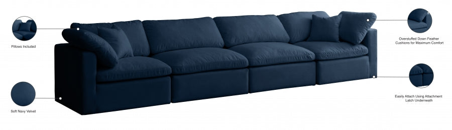 Plush Blue Velvet Standard Modular Down Filled Cloud-Like Comfort Overstuffed 140" Sofa - 602Navy-S140 - Vega Furniture