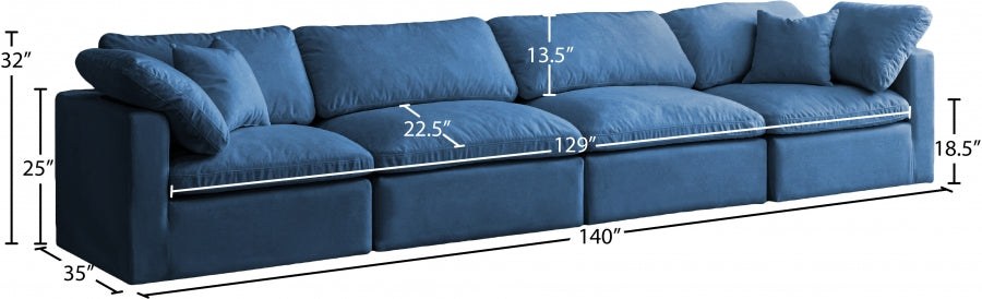 Plush Blue Velvet Standard Modular Down Filled Cloud-Like Comfort Overstuffed 140" Sofa - 602Navy-S140 - Vega Furniture