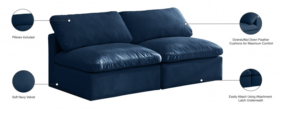 Plush Blue Velvet Standard Modular Down Filled Cloud-Like Comfort Overstuffed 70" Armless Sofa - 602Navy-S2 - Vega Furniture