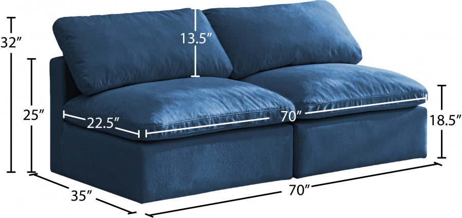 Plush Blue Velvet Standard Modular Down Filled Cloud-Like Comfort Overstuffed 70" Armless Sofa - 602Navy-S2 - Vega Furniture