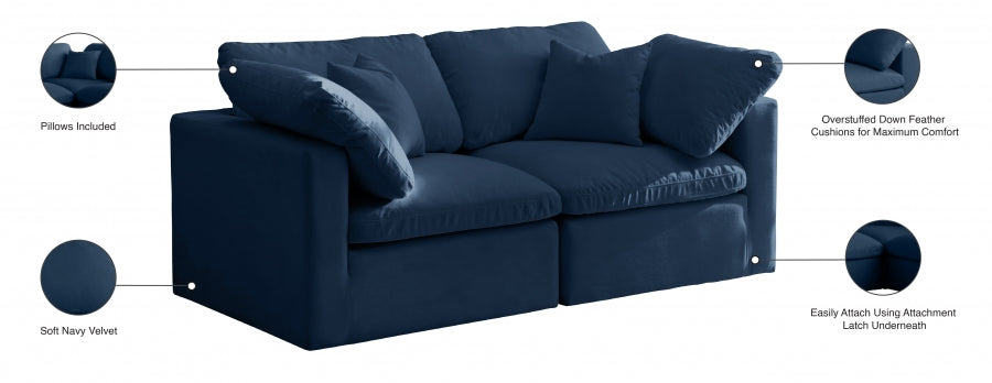 Plush Blue Velvet Standard Modular Down Filled Cloud-Like Comfort Overstuffed 70" Sofa - 602Navy-S70 - Vega Furniture