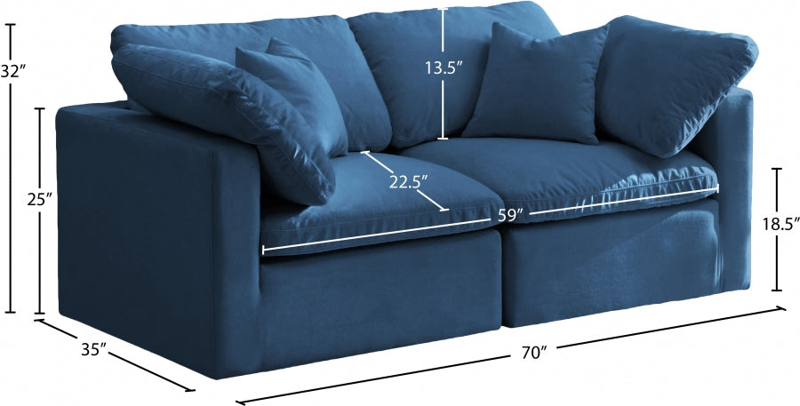 Plush Blue Velvet Standard Modular Down Filled Cloud-Like Comfort Overstuffed 70" Sofa - 602Navy-S70 - Vega Furniture