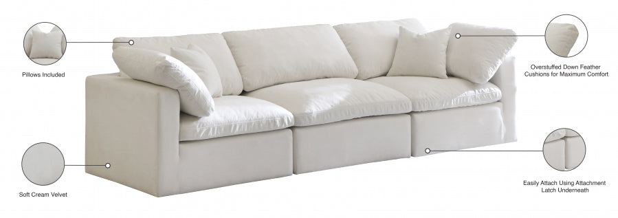 Plush Cream Velvet Standard Modular Down Filled Cloud-Like Comfort Overstuffed 105" Sofa - 602Cream-S105 - Vega Furniture