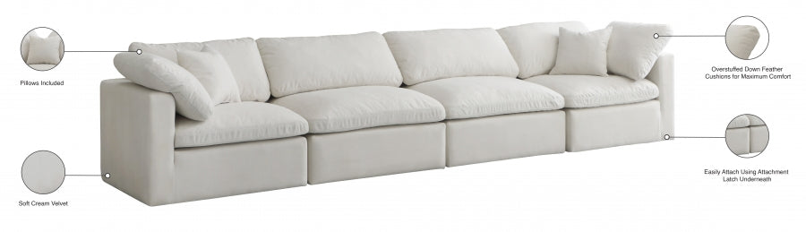 Plush Cream Velvet Standard Modular Down Filled Cloud-Like Comfort Overstuffed 140" Sofa - 602Cream-S140 - Vega Furniture