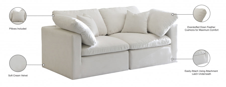 Plush Cream Velvet Standard Modular Down Filled Cloud-Like Comfort Overstuffed 70" Sofa - 602Cream-S70 - Vega Furniture