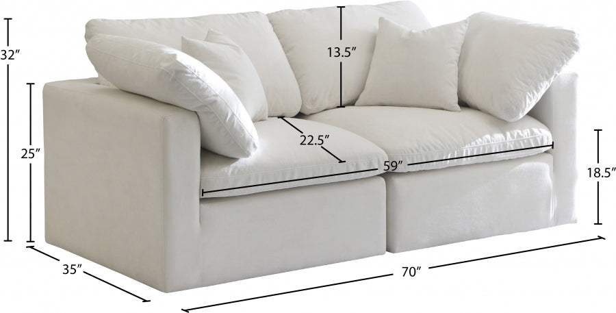 Plush Cream Velvet Standard Modular Down Filled Cloud-Like Comfort Overstuffed 70" Sofa - 602Cream-S70 - Vega Furniture