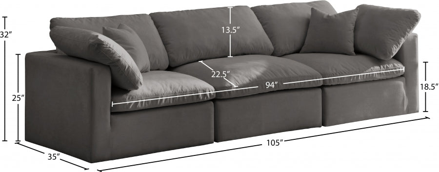 Plush Grey Velvet Standard Modular Down Filled Cloud-Like Comfort Overstuffed 105" Sofa - 602Grey-S105 - Vega Furniture