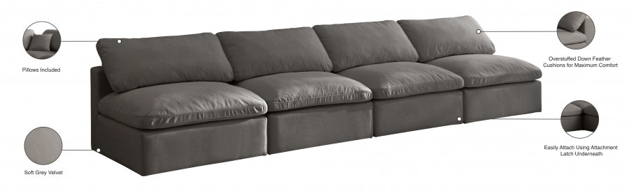 Plush Grey Velvet Standard Modular Down Filled Cloud-Like Comfort Overstuffed 140" Armless Sofa - 602Grey-S4 - Vega Furniture