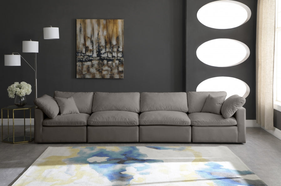 Plush Grey Velvet Standard Modular Down Filled Cloud-Like Comfort Overstuffed 140" Sofa - 602Grey-S140 - Vega Furniture